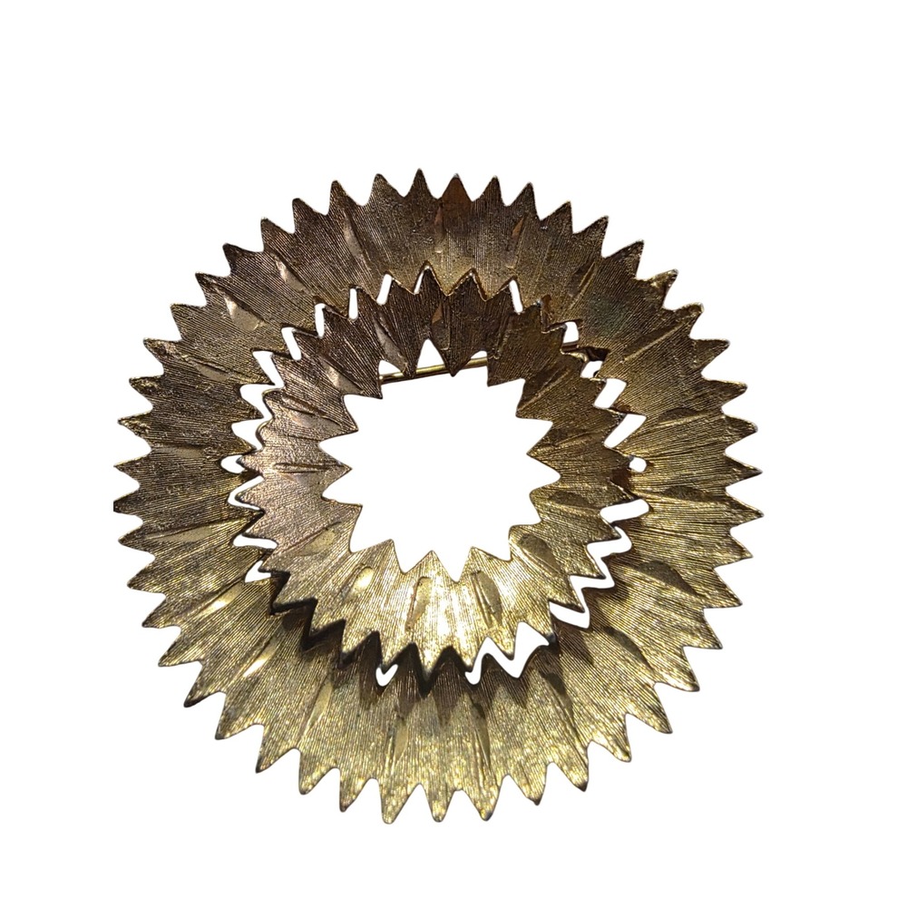 Vintage MAMSELLE Large Round 2 Layered Pin Brooch Gold Tone Textured Sunburst
